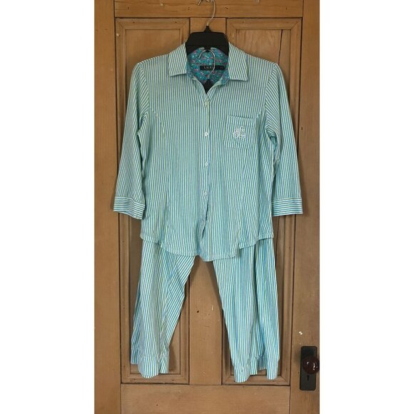 Lauren Ralph Lauren Womens Striped Cotton 2 Piece Pajama Set Medium Green SP EXC - Picture 1 of 12